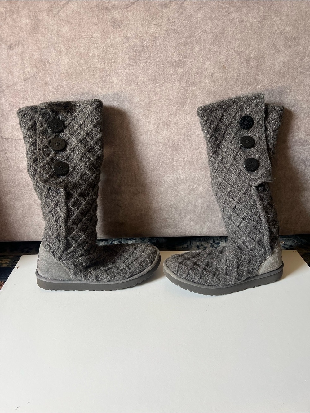 UGG Gray Quilted Knit Button Tall Winter Boots